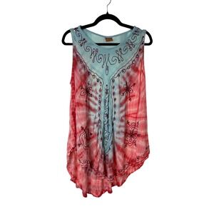 California Woman Pink Blue Tie Dye Tank‎ Top Tunic Women's Boho Embroidered